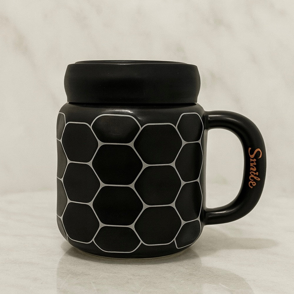 Honeycomb Ceramic Mug with Lid - Premium Black
