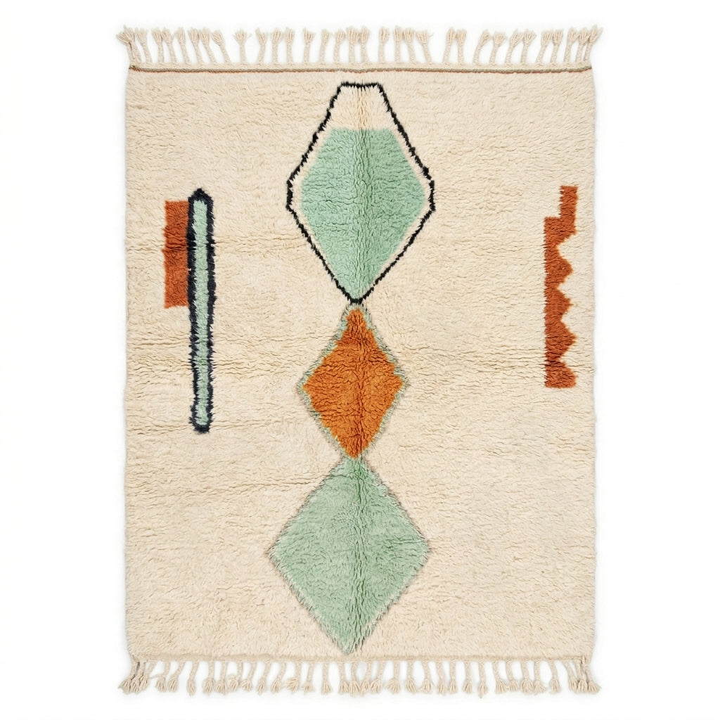 Vintage Azilal rug flat lay handwoven Berber rug with geometric diamond motifs from Morocco