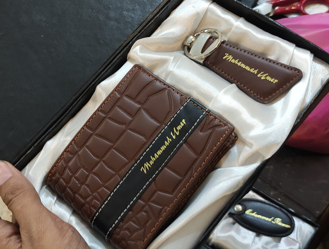 Brown Leather Name Wallet keychain Set