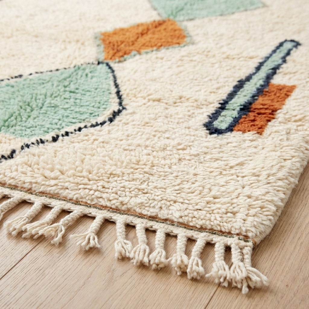 Macro texture detail of handwoven Azilal rug natural wool fibers
