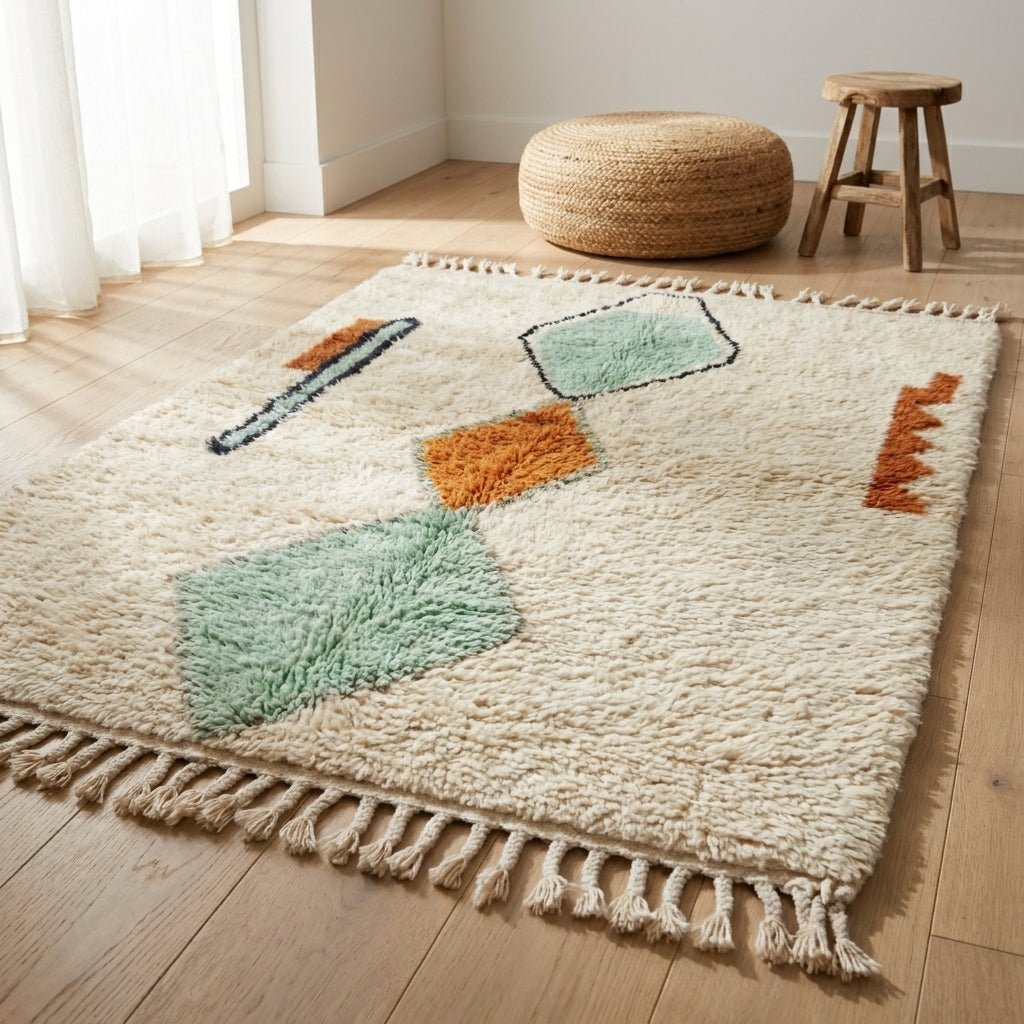 Handwoven Azilal rug on floor showing shaggy wool texture and Berber patterns