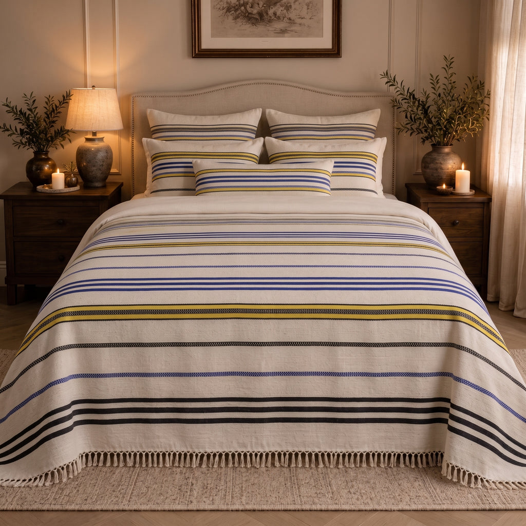 Heritage Stripe bedspread styled on a bed in a Moroccan bedroom