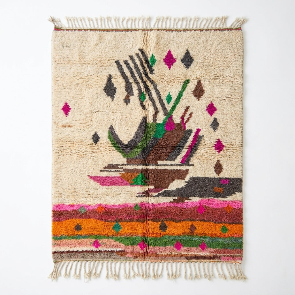 Atlas Bird Beni Ourain rug full flat lay view
