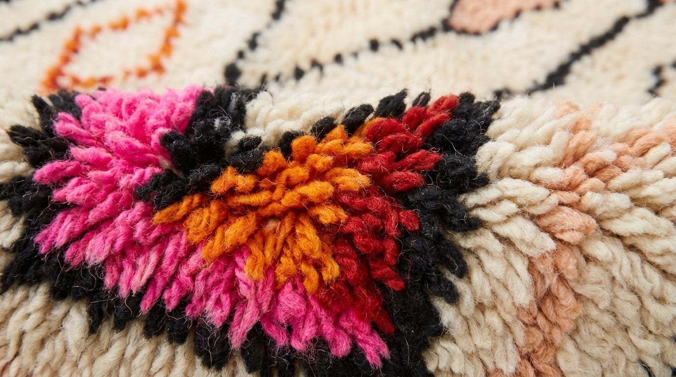Zigzag Bloom Beni Ourain rug wool texture close-up on white studio background