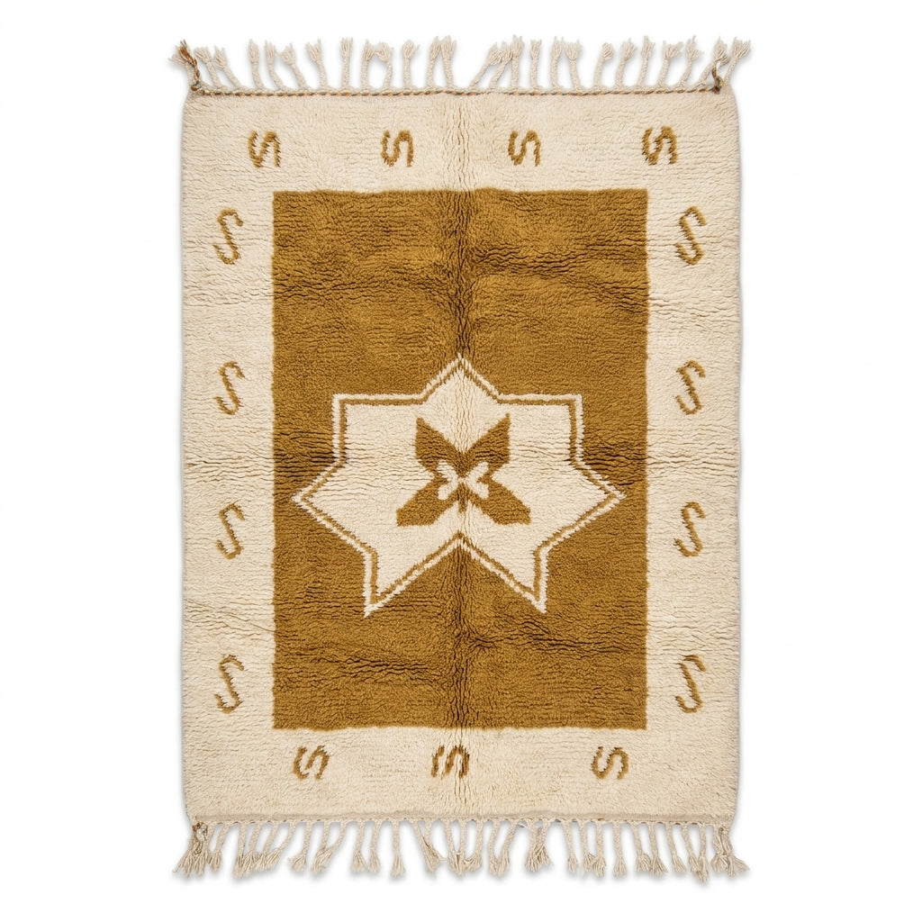 Ochre star Azilal rug — cream border with ochre field and eight-point star, flat lay