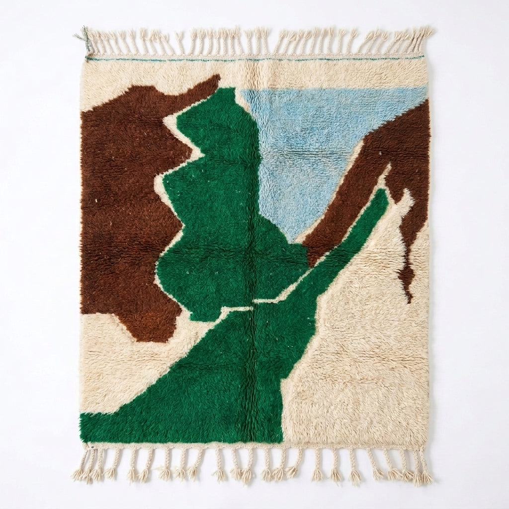 Abstract Calm Mrirt rug, handwoven wool with calm green, brown and pale-blue abstract blocks, flat lay top view