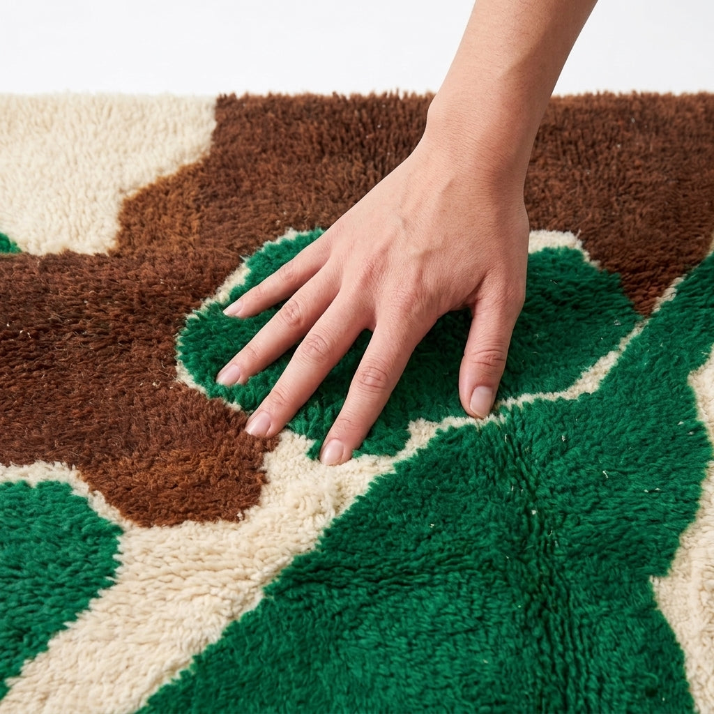 Abstract Calm Mrirt rug — hand resting on the soft wool pile