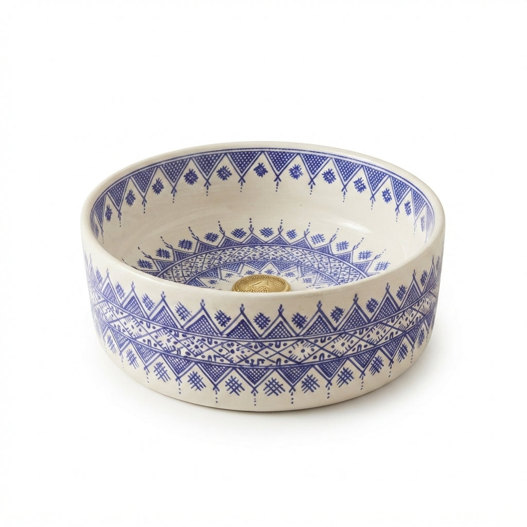 Amazigh Indigo Drum Moroccan ceramic sink - close-up of indigo pattern