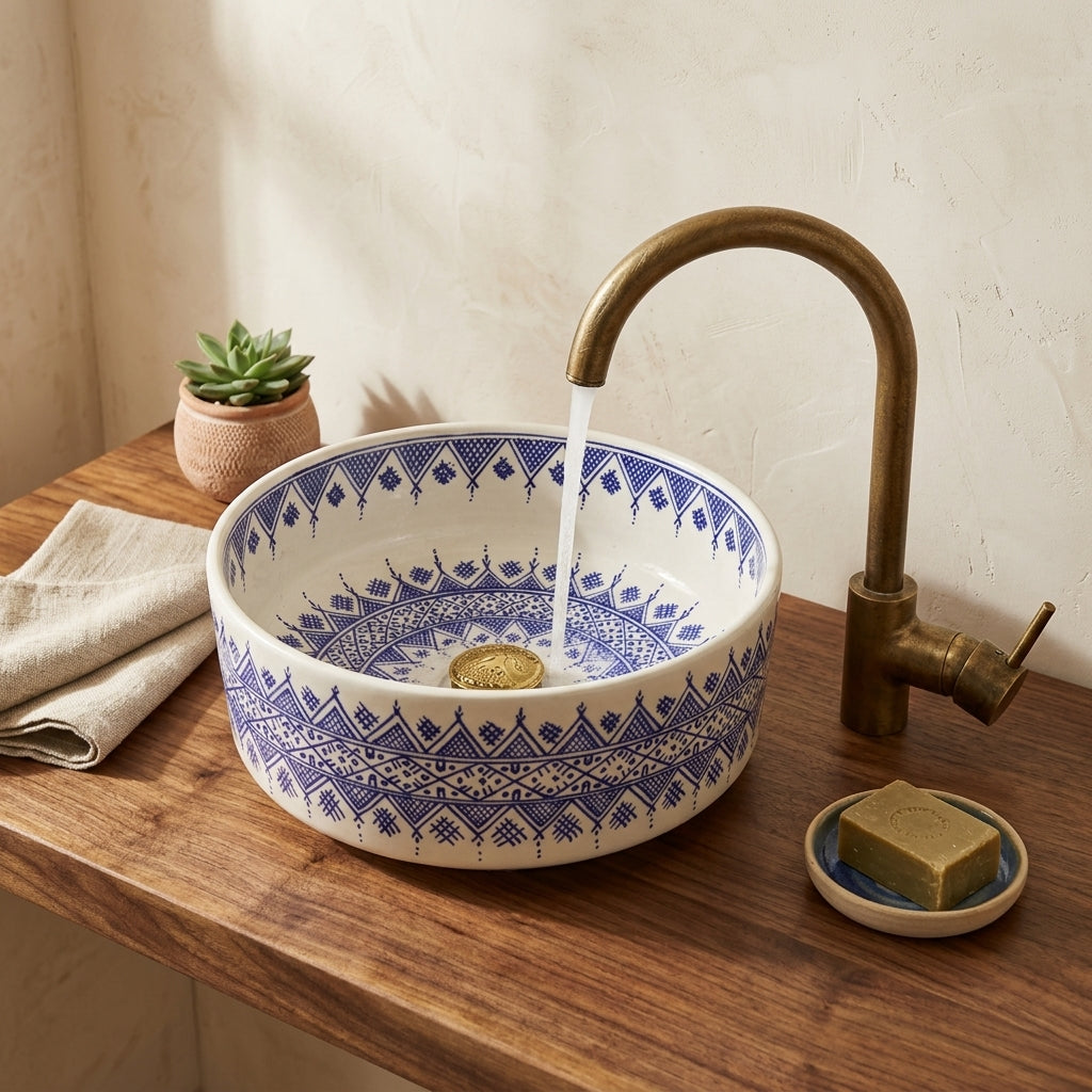 Amazigh Indigo Drum Moroccan ceramic vessel sink styled on a bathroom counter in a Moroccan-inspired setting