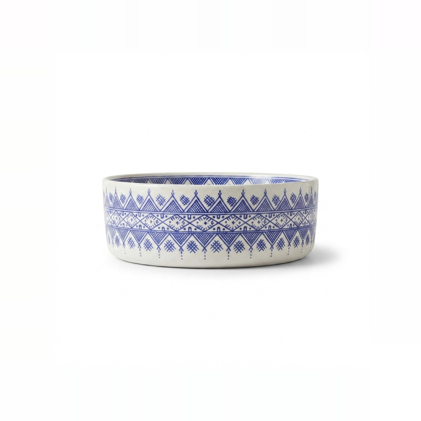 Amazigh Indigo Drum Moroccan ceramic vessel sink - indigo Berber geometric bands on white drum