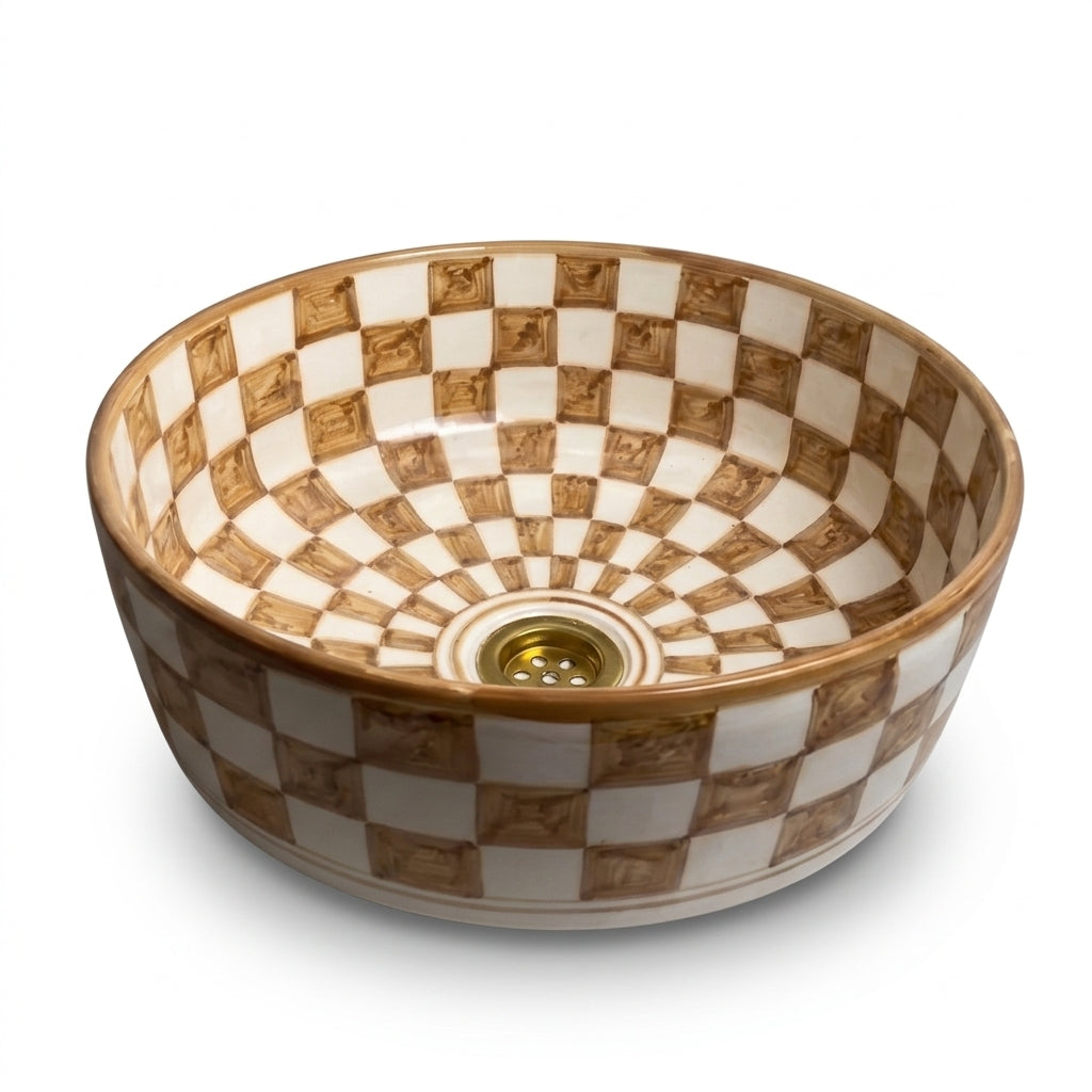 Amber Checkerboard Moroccan ceramic sink - angled view of checkerboard basin