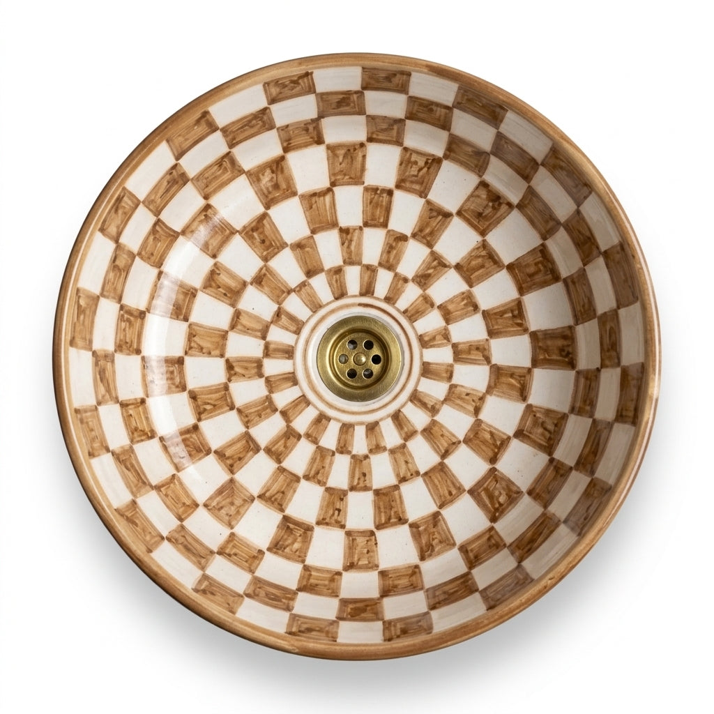 Amber Checkerboard Moroccan ceramic sink - studio view on white background