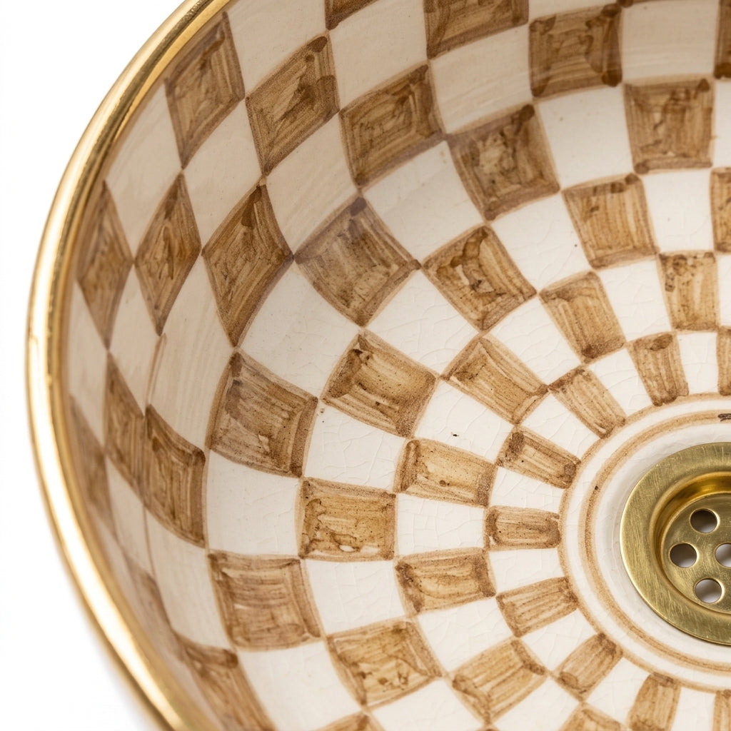Amber Checkerboard Moroccan ceramic sink - macro of hand-brushed squares and gold rim