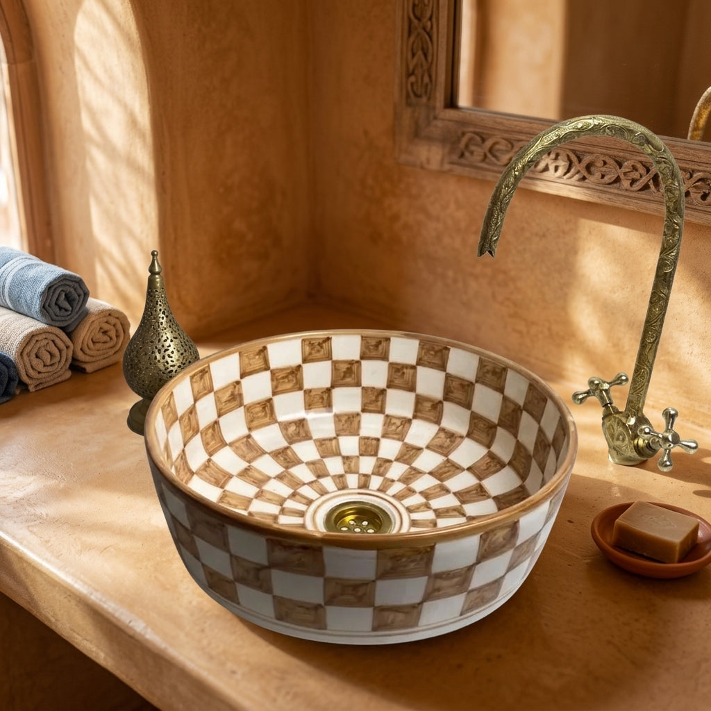 Amber Checkerboard Moroccan ceramic vessel sink styled on a bathroom counter in a Moroccan-inspired setting