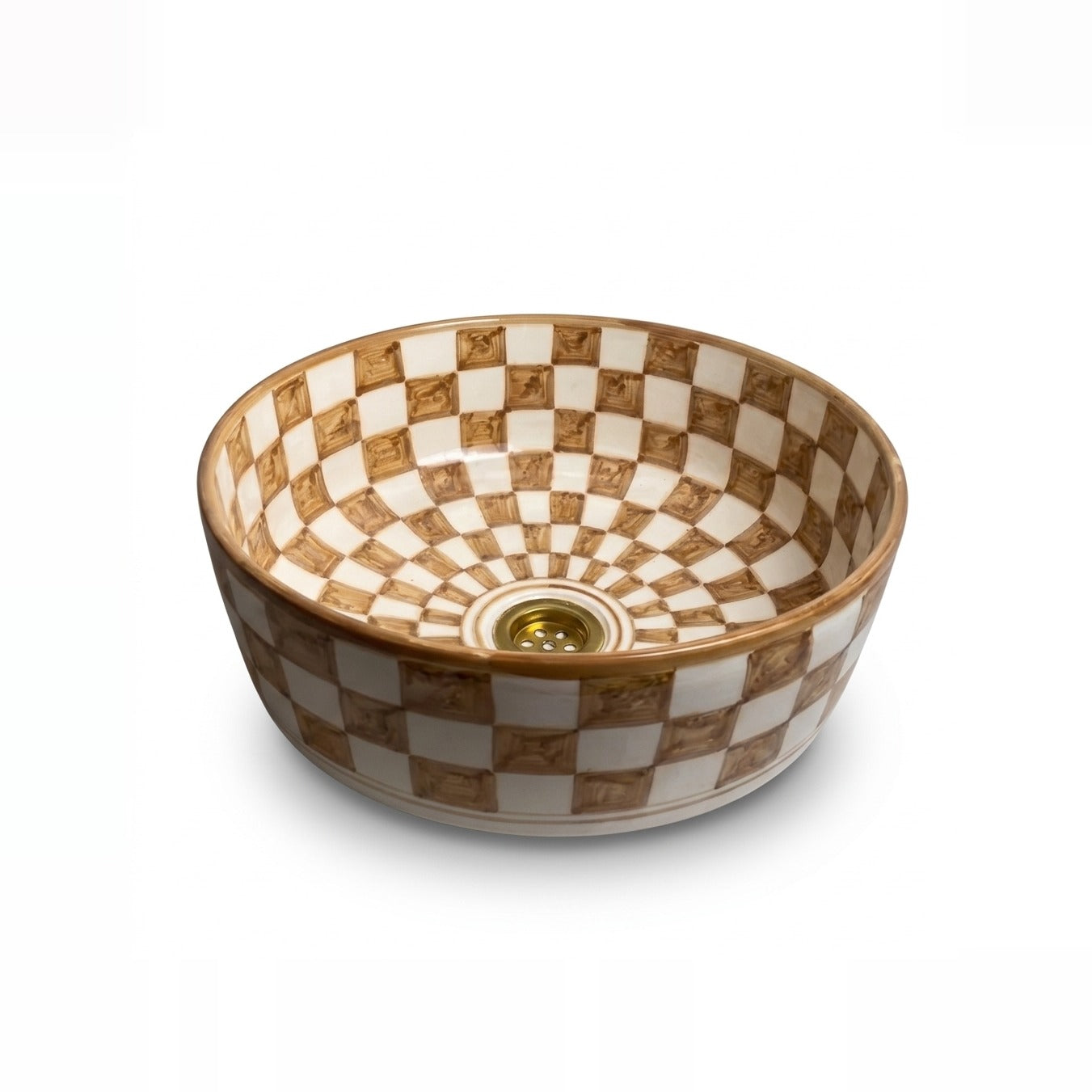 Amber Checkerboard Moroccan ceramic vessel sink - hand-brushed amber and cream checkerboard with gold rim
