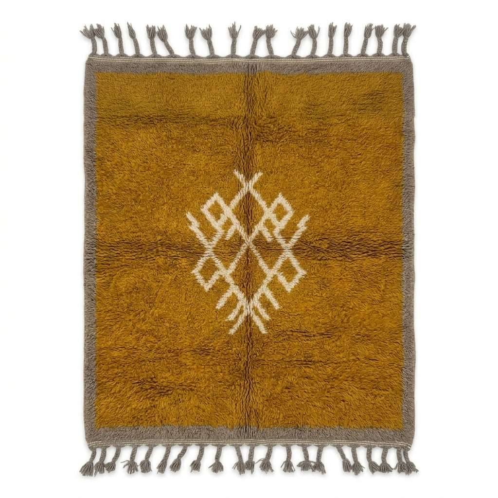 Amber Medallion Mrirt rug, handwoven wool with a solid amber field with grey border and ivory medallion, flat lay top view
