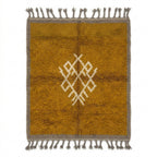 Amber Medallion Mrirt rug, handwoven wool with a solid amber field with grey border and ivory medallion, flat lay top view