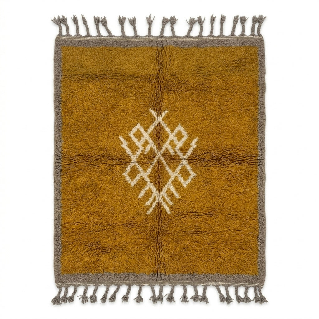 Amber Medallion Mrirt rug, handwoven wool with a solid amber field with grey border and ivory medallion, flat lay top view