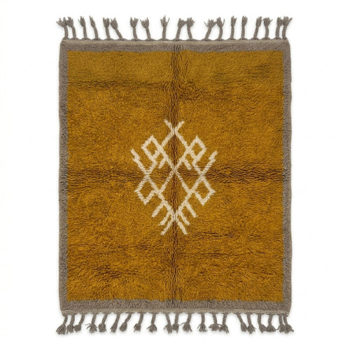 Amber Medallion Mrirt rug, handwoven wool with a solid amber field with grey border and ivory medallion, flat lay top view