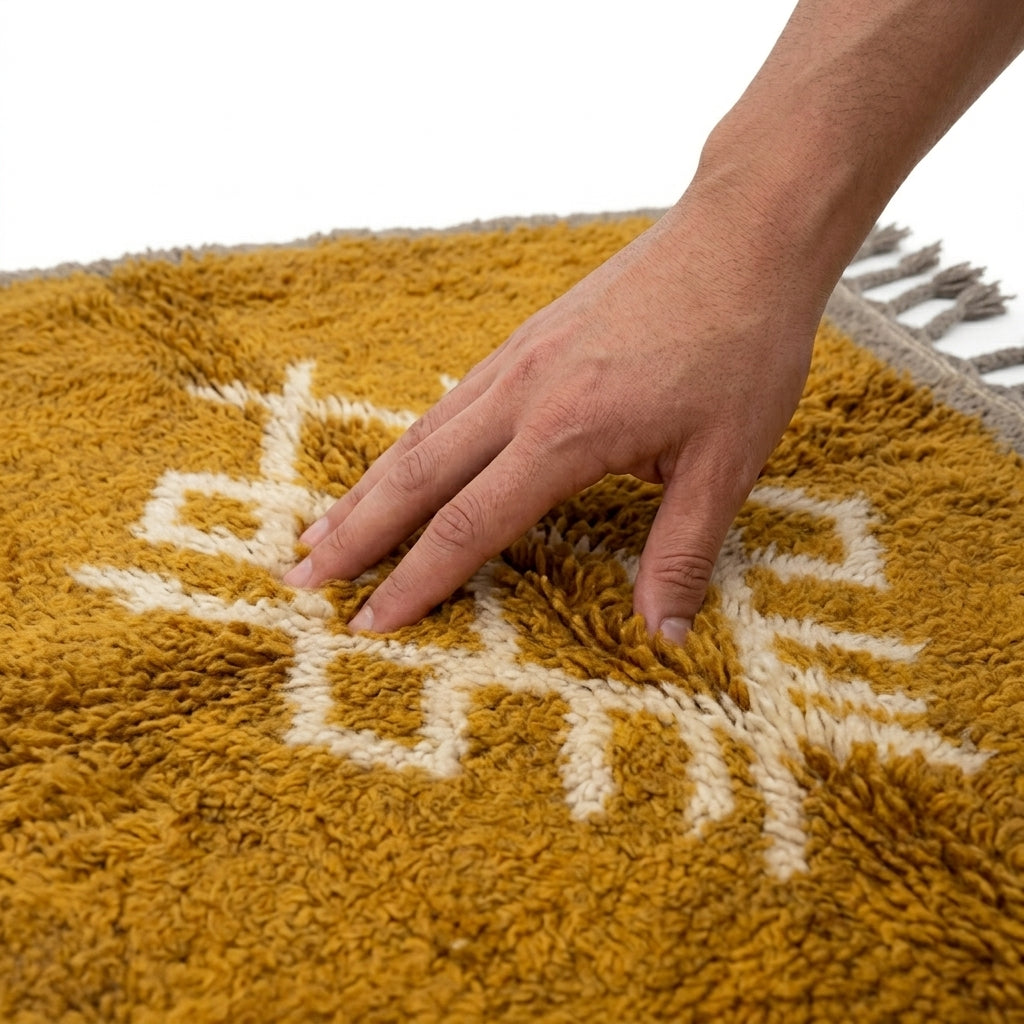Amber Medallion Mrirt rug — hand resting on the soft wool pile