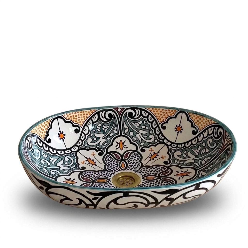 Amber and Teal Heritage Moroccan ceramic sink - side angle of hand-painted basin