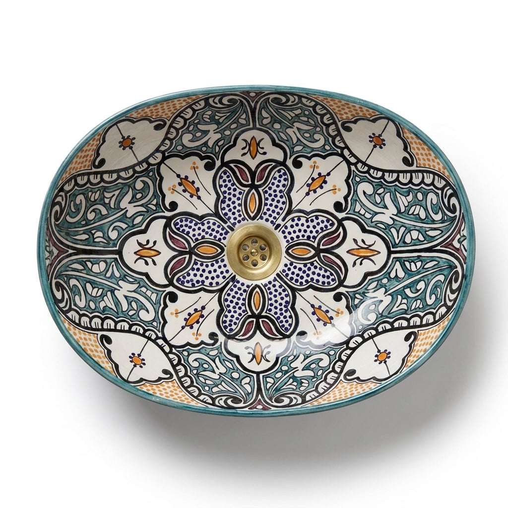 Amber and Teal Heritage Moroccan ceramic sink - top view of dotted multicolor interior