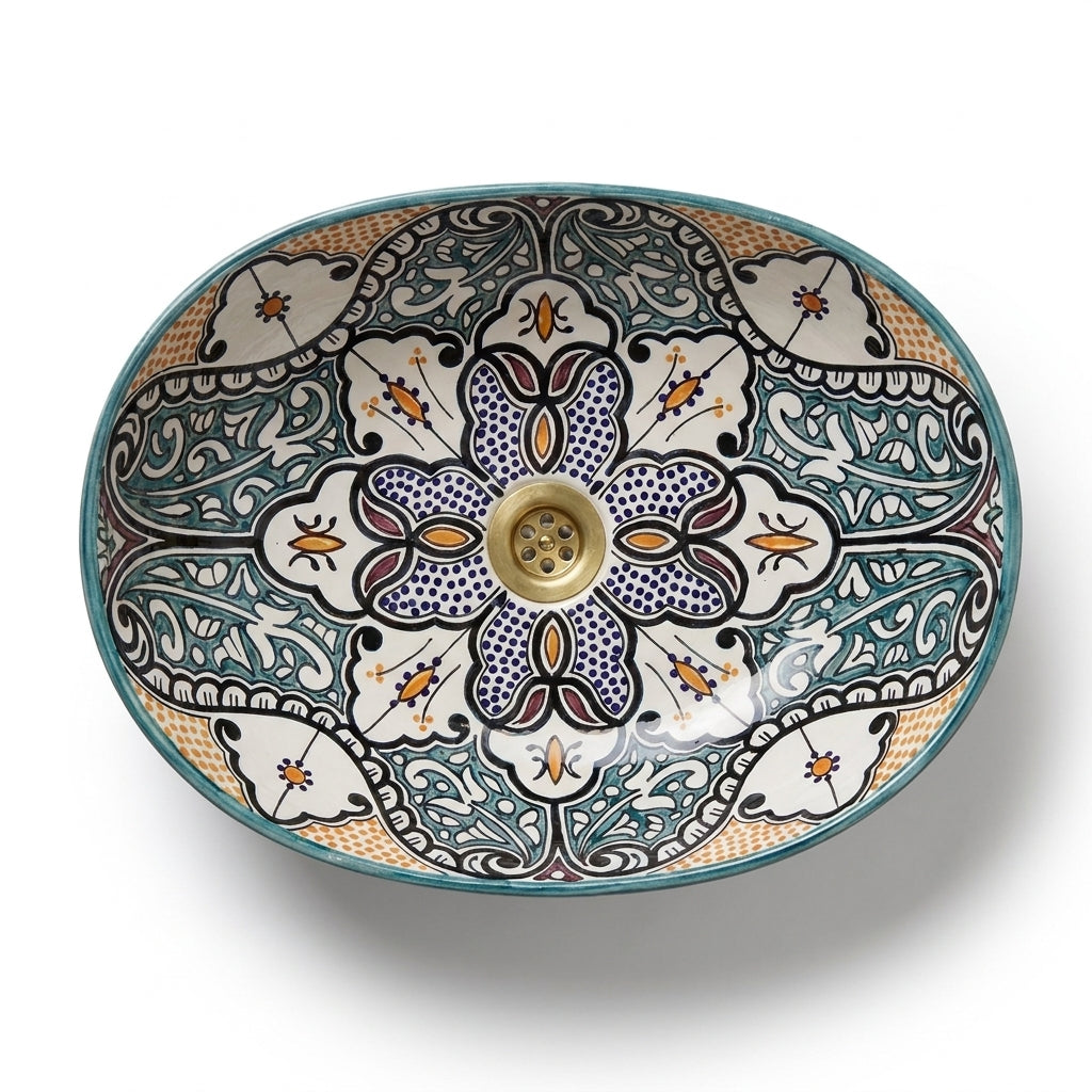 Amber and Teal Heritage Moroccan ceramic sink - top view of dotted multicolor interior