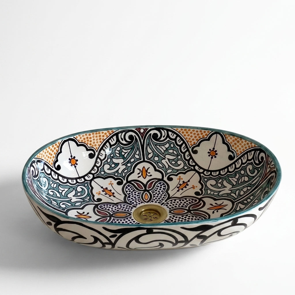 Amber and Teal Heritage Moroccan ceramic sink - angled view showing rim pattern