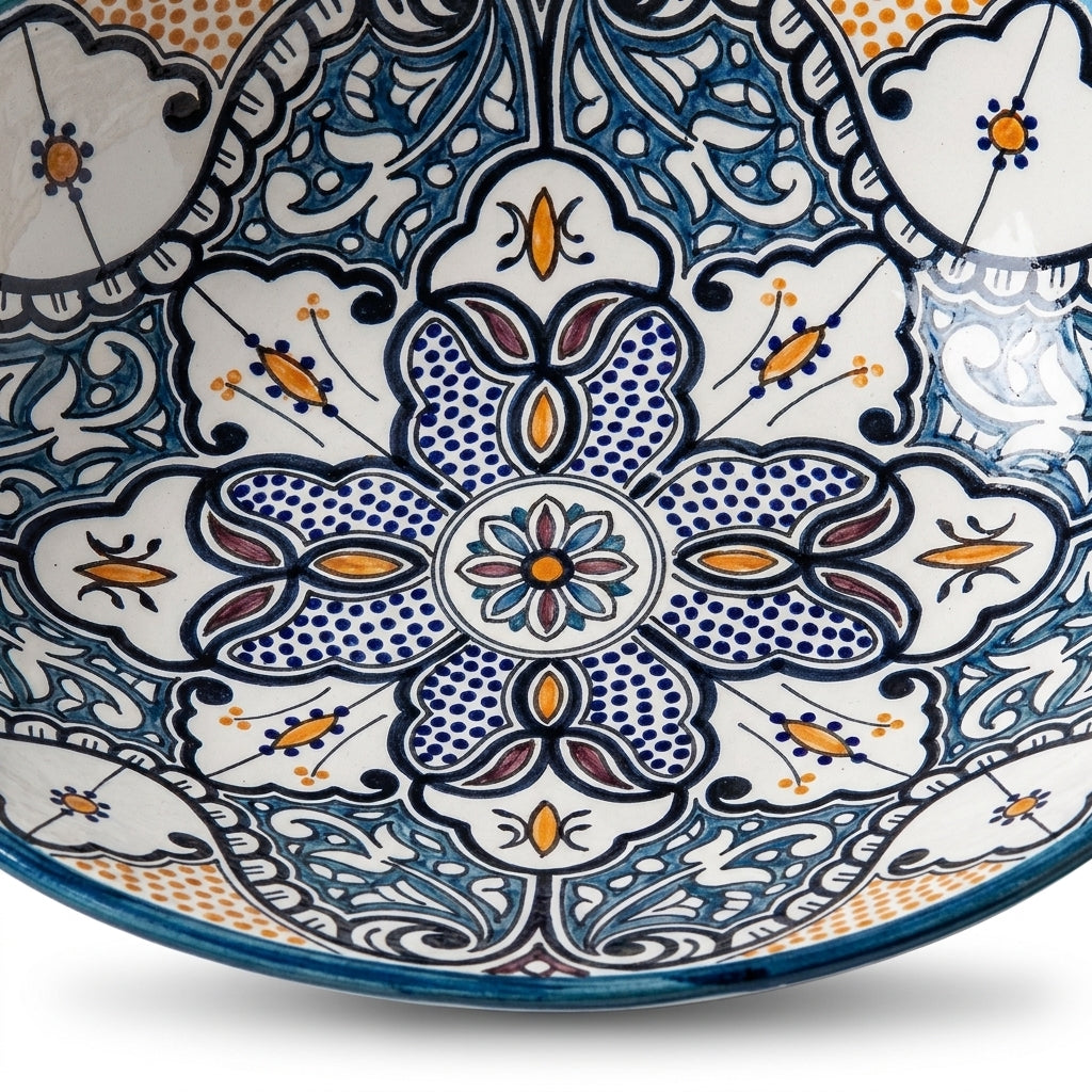 Amber and Teal Heritage Moroccan ceramic sink - close-up of intricate hand-painted detail