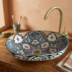 Amber and Teal Heritage Moroccan ceramic vessel sink styled on a bathroom counter in a Moroccan-inspired setting