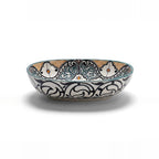 Amber and Teal Heritage Moroccan ceramic vessel sink - black scrollwork exterior with teal and amber interior