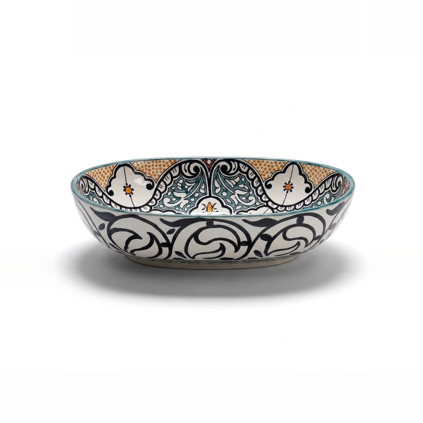 Amber and Teal Heritage Moroccan ceramic vessel sink - black scrollwork exterior with teal and amber interior