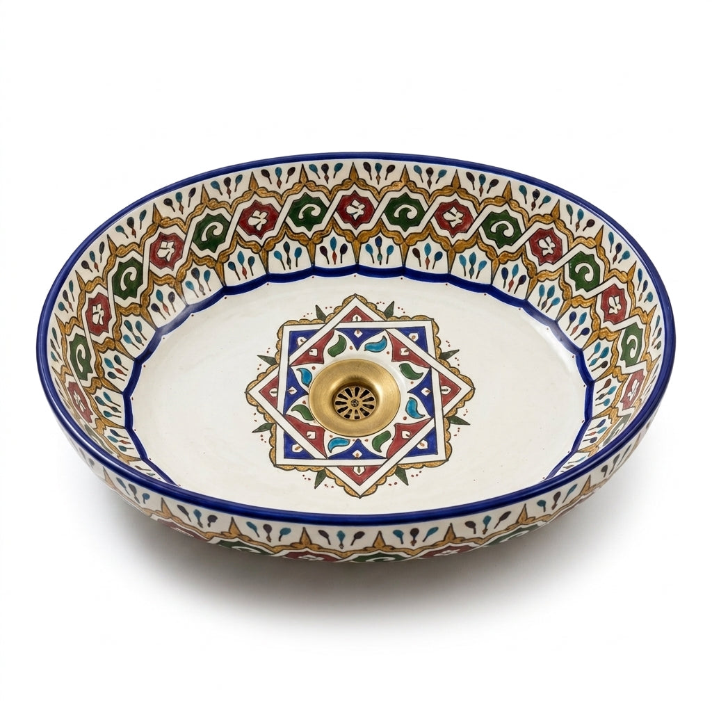 Andalusian Jewel Moroccan ceramic sink - side angle of multicolor hand-painted basin