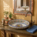 Andalusian Jewel Moroccan ceramic vessel sink styled on a bathroom counter in a Moroccan-inspired setting