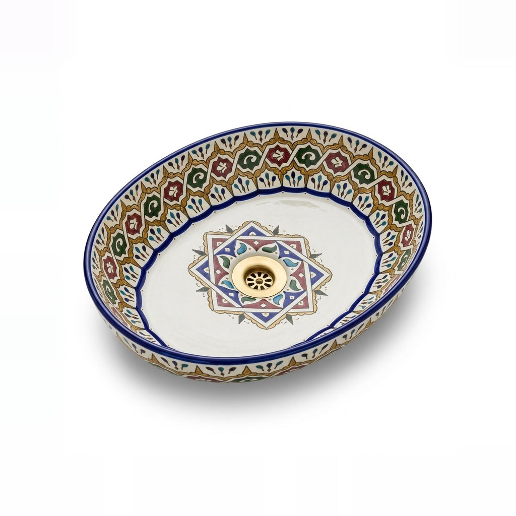 Andalusian Jewel Moroccan ceramic vessel sink - jewel-toned band of gold, red and green with star medallion