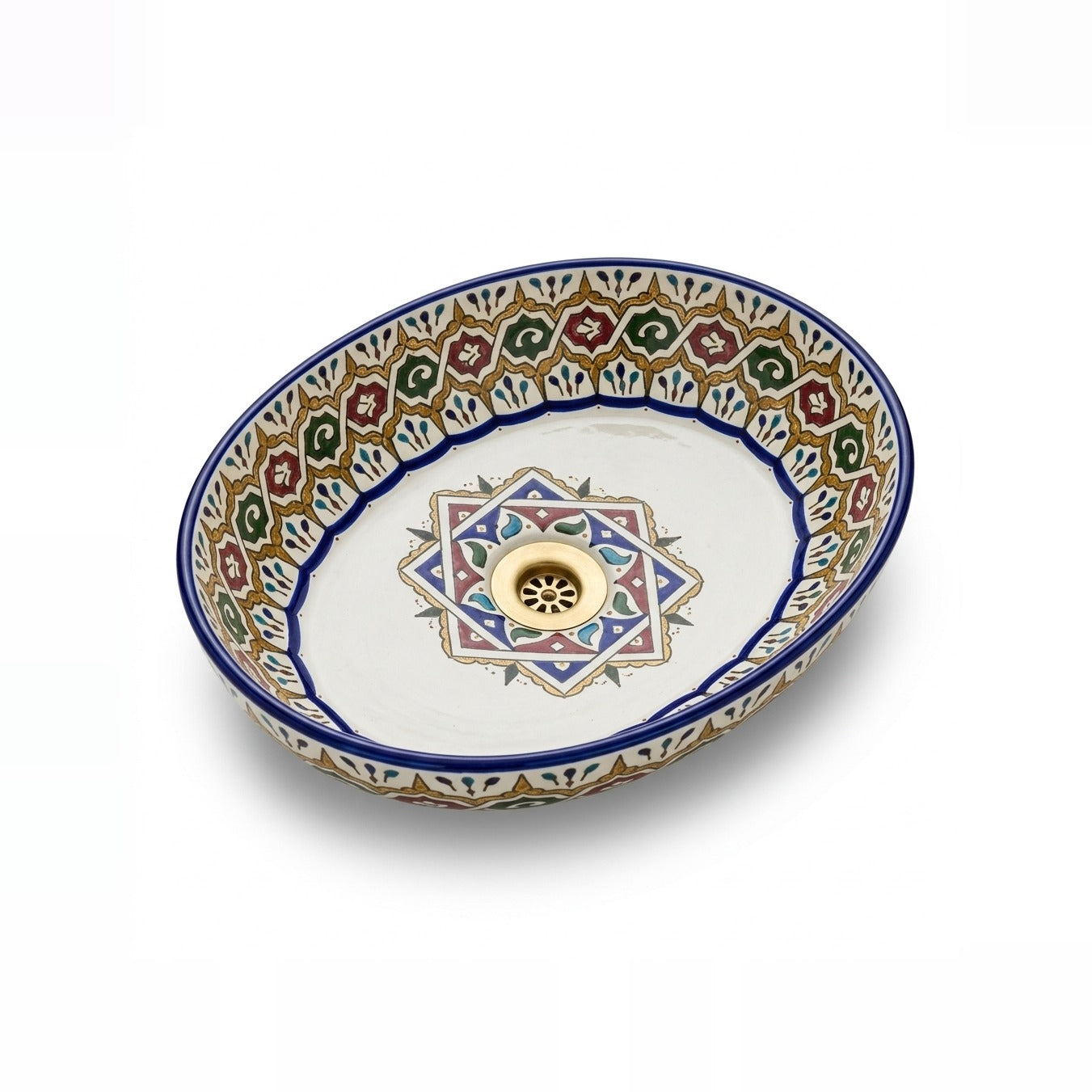 Andalusian Jewel Moroccan ceramic vessel sink - jewel-toned band of gold, red and green with star medallion