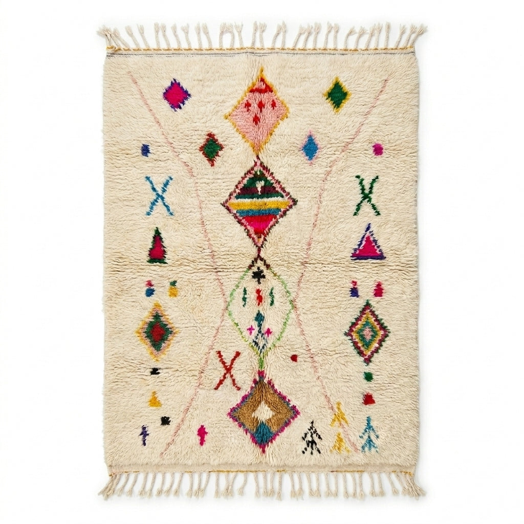 Atlas Diamond Azilal rug, handwoven wool with central colored diamonds with scattered symbols, flat lay top view