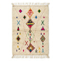 Atlas Diamond Azilal rug, handwoven wool with central colored diamonds with scattered symbols, flat lay top view