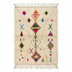 Atlas Diamond Azilal rug, handwoven wool with central colored diamonds with scattered symbols, flat lay top view