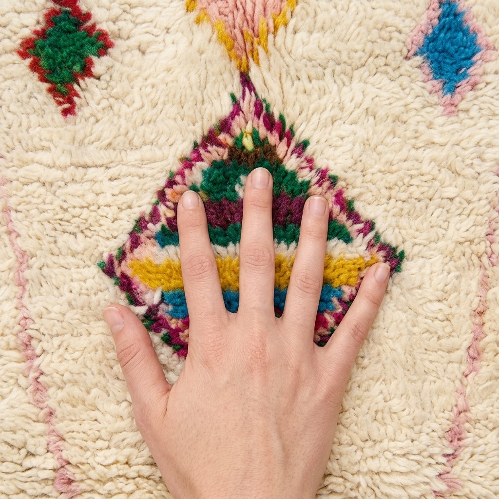 Atlas Diamond Azilal rug — hand resting on the soft wool pile