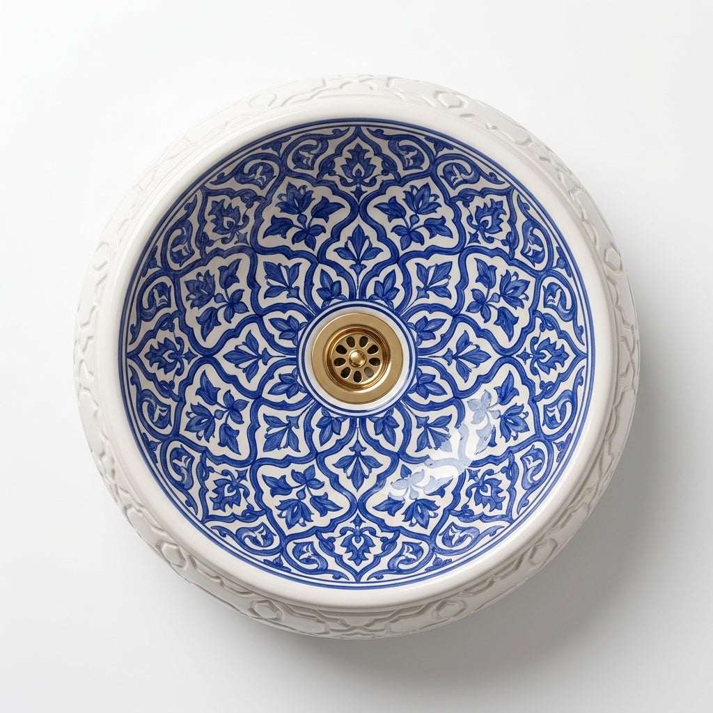 Azure Damask Emboss Moroccan ceramic sink - top-down view of blue trellis