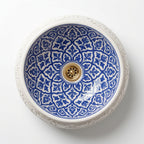 Azure Damask Emboss Moroccan ceramic sink - top-down view of blue trellis