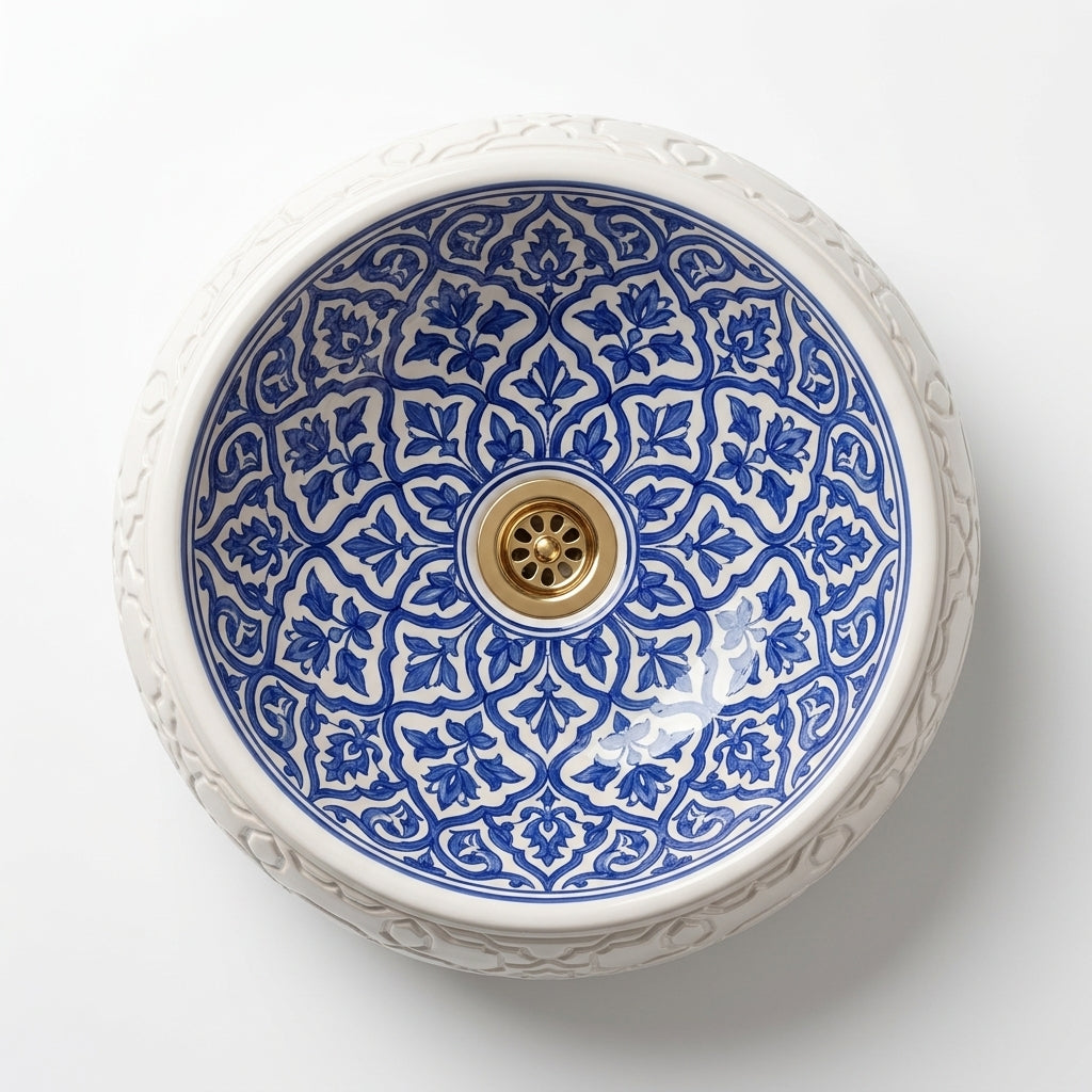 Azure Damask Emboss Moroccan ceramic sink - top-down view of blue trellis