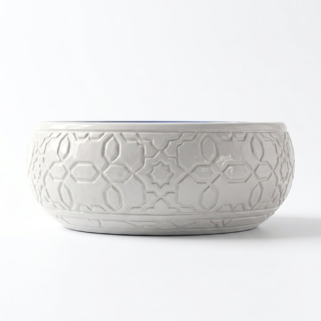 Azure Damask Emboss Moroccan ceramic sink - side view of embossed lattice