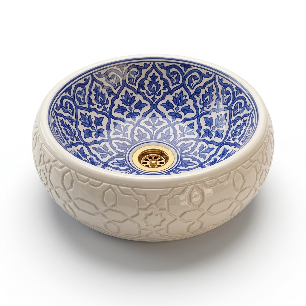 Azure Damask Emboss Moroccan ceramic sink - studio photograph