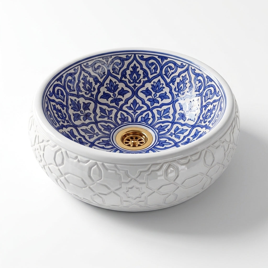 Azure Damask Emboss Moroccan ceramic sink - front view