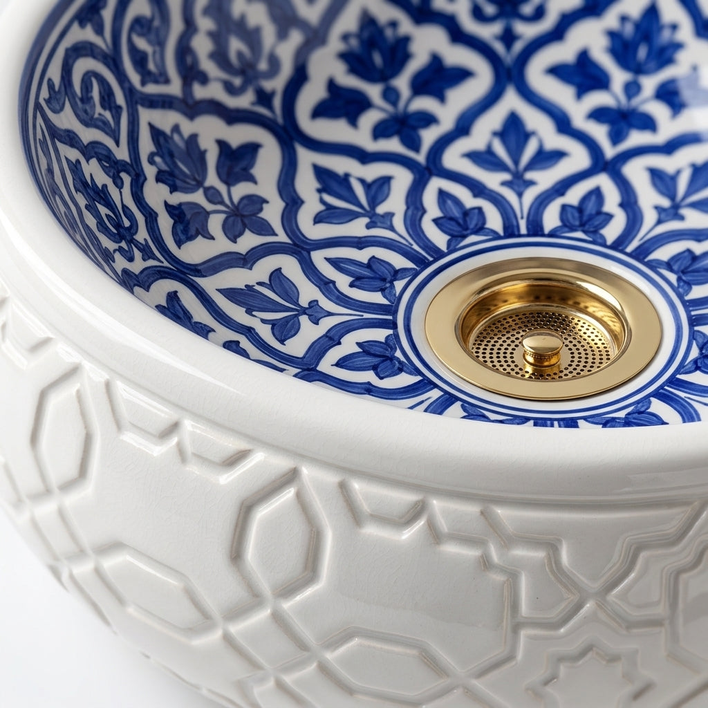 Azure Damask Emboss Moroccan ceramic sink - close-up of surface texture