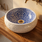 Azure Damask Emboss Moroccan ceramic vessel sink on a bathroom vanity