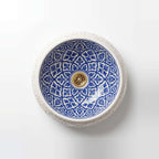Azure Damask Emboss Moroccan ceramic vessel sink - embossed white exterior with azure damask trellis interior