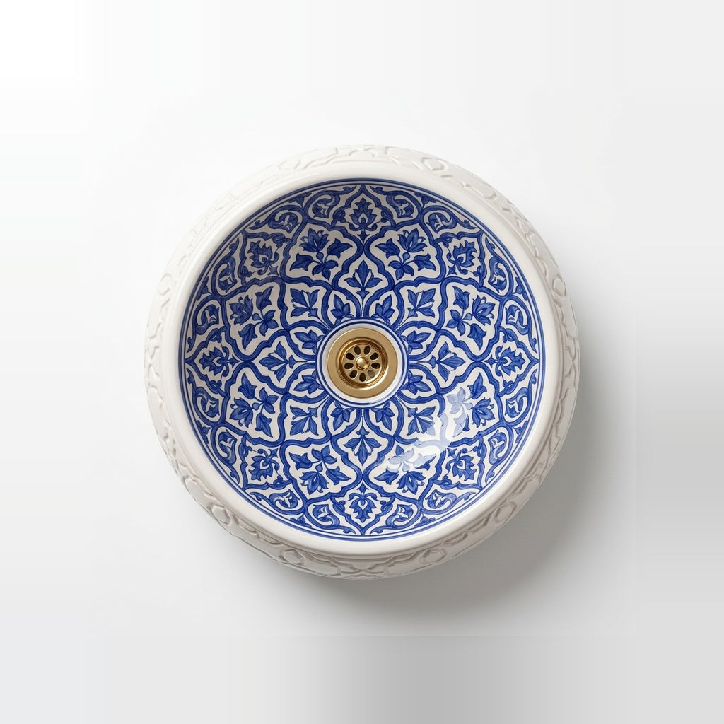 Azure Damask Emboss Moroccan ceramic vessel sink - embossed white exterior with azure damask trellis interior
